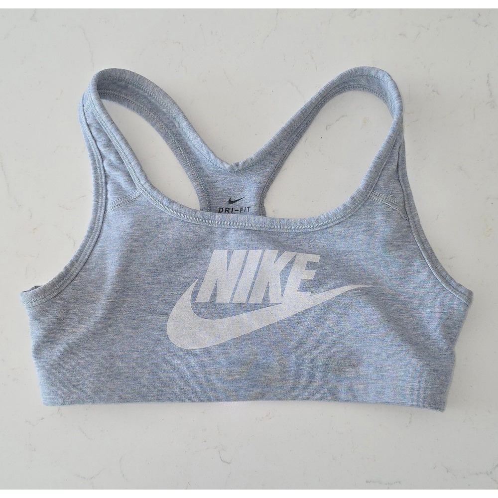 Nike Dri-FIT Sports Bra Heather Grey Racerback Medium Impact Futura Logo M youth